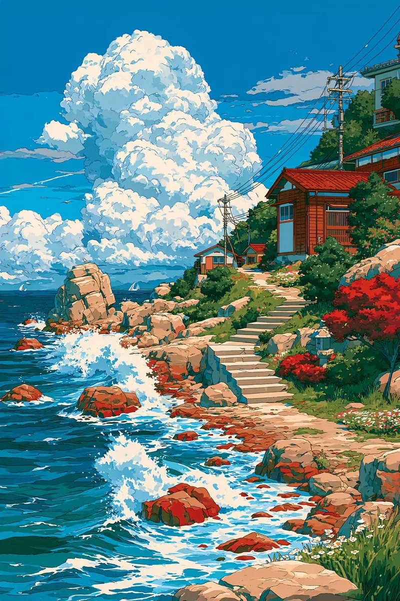 Eine Küstenlandschaft im Anime-Stil mit einem Pfad, der an Felsen und Wellen vorbeiführt, und Häusern auf einem Hügel unter großen Wolken.