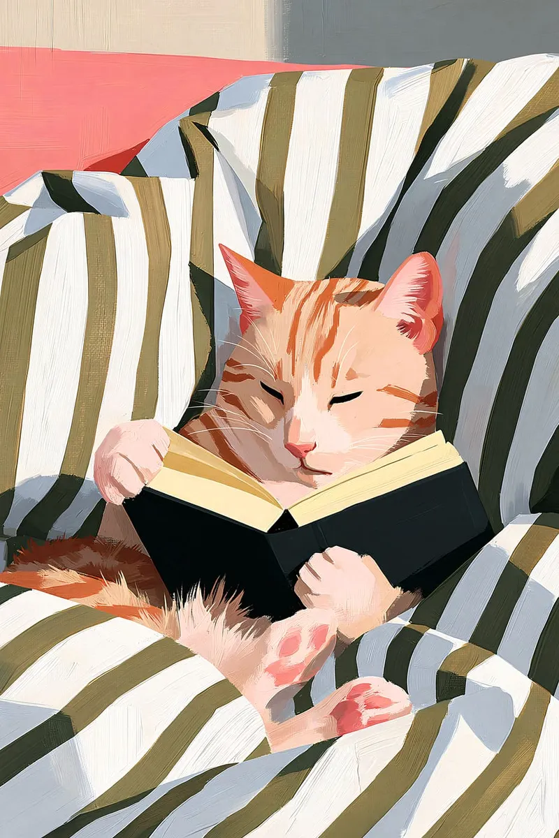 Eine getigerte Katze liest entspannt ein Buch in einem gestreiften Sessel, im Stil eines Ölgemäldes.