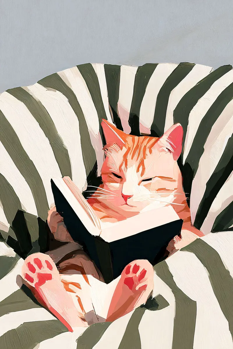 Eine orangefarbene Katze liest ein Buch, während sie in einem gestreiften Sessel sitzt, im Ölfarben-Stil.
