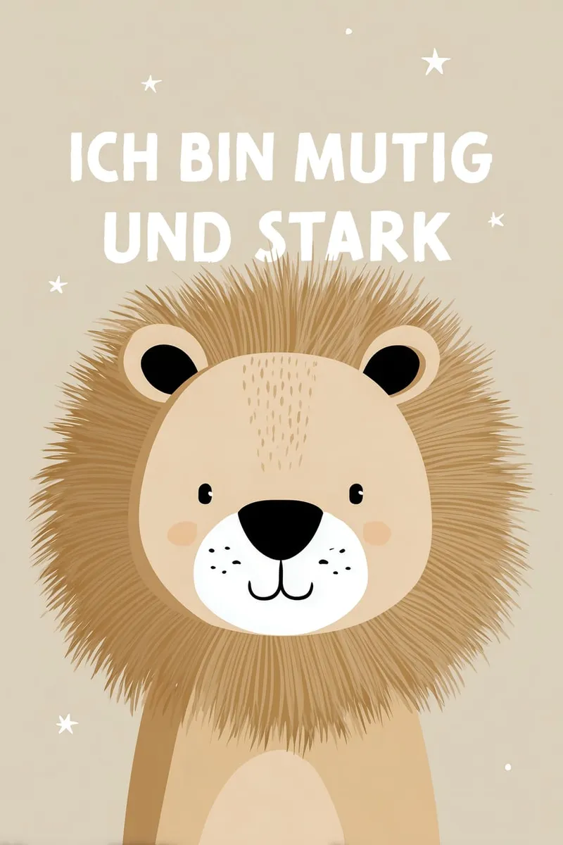 Illustration eines niedlichen Löwen mit der Affirmation 'Ich bin mutig und stark' auf beigem Hintergrund mit Sternen.