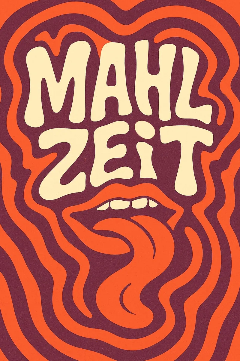 Poster mit dem Wort 'Mahlzeit' in Retro-Schrift über einem Mund mit herausgestreckter Zunge, umgeben von psychedelischen Wellen in Orange und Dunkelrot.
