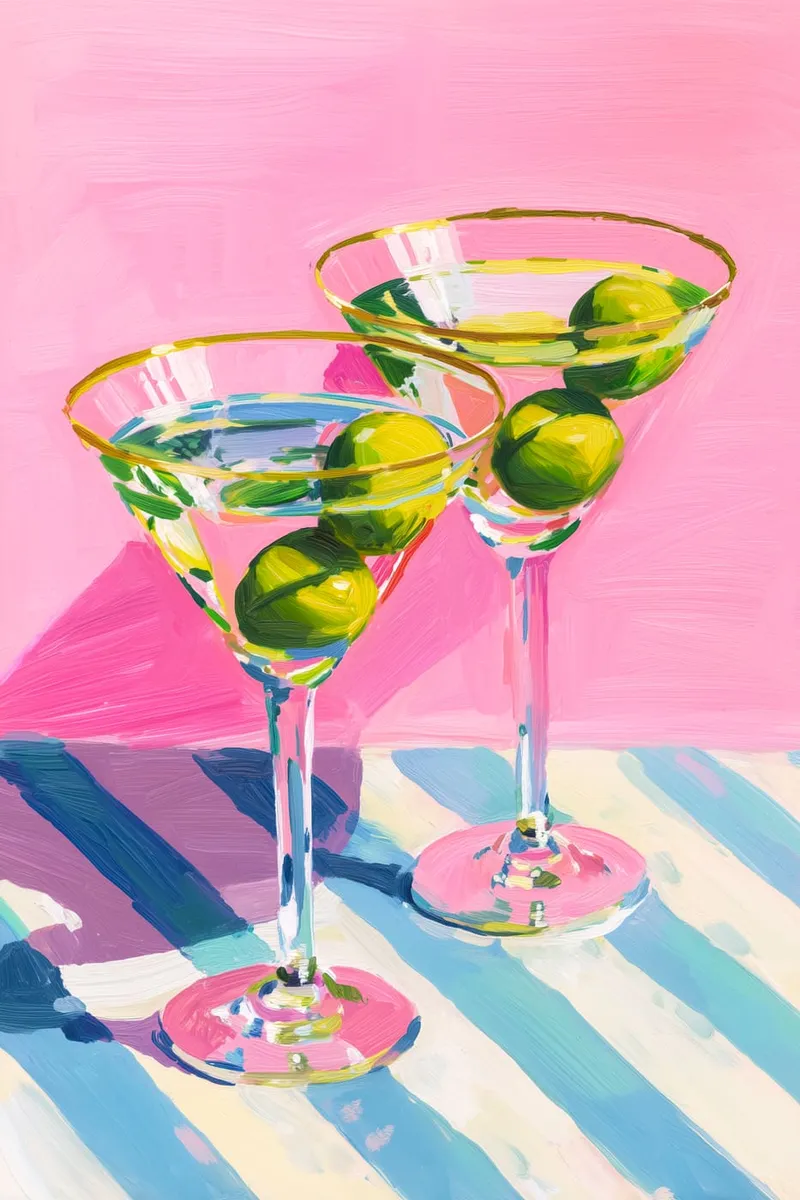 Zwei Martini Gläser mit Oliven in kräftigen Pink-, Blau- und Grüntönen, im Stil einer Acrylmalerei.