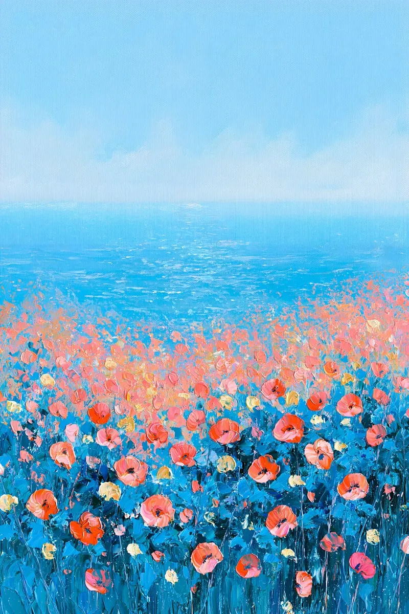 Rotes Mohnblumenfeld mit Blick auf das blaue Meer im strukturierten Ölfarben-Look