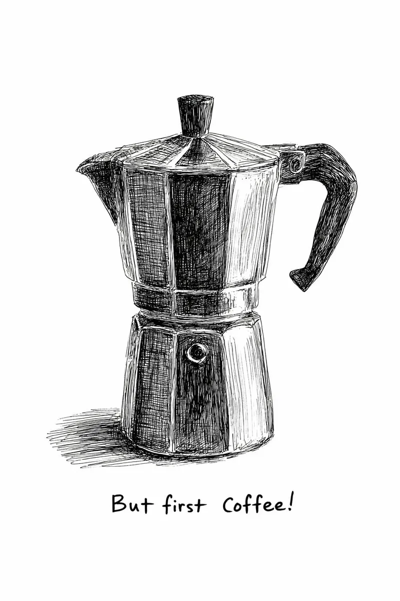 Schwarz-weißes Poster mit einer gezeichneten Mokka-Kanne und dem Text 'But first Coffee!' im Skizzen-Stil.