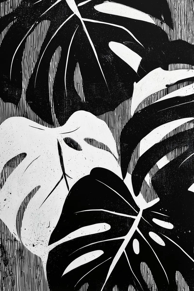 Schwarz-weißes Poster mit großen Monstera-Blättern im Linolschnitt-Stil, mit feinen vertikalen Linien im Hintergrund.