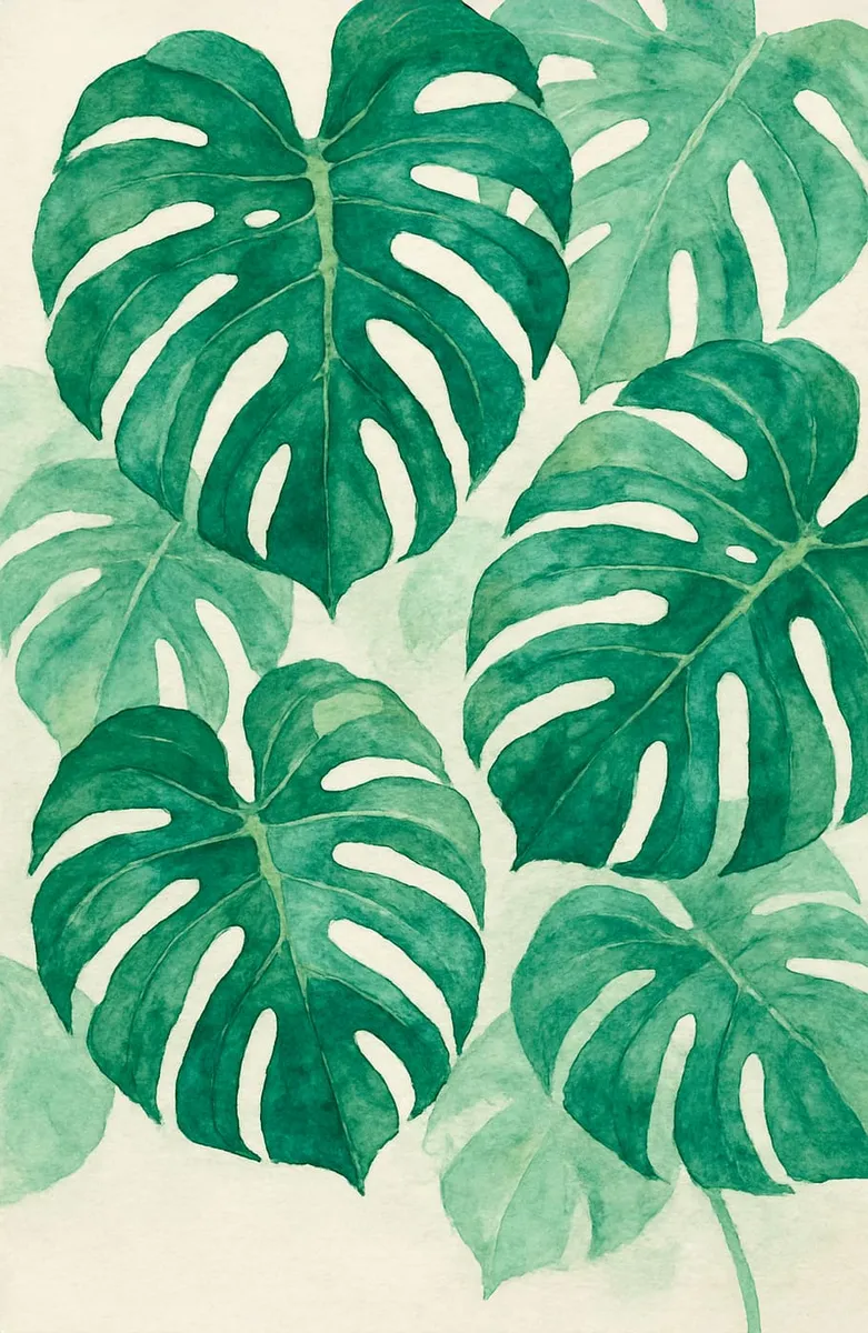 Aquarell-Illustration von mehreren grünen Monstera-Blättern auf hellem Hintergrund, im Stil eines botanischen Kunstdrucks.
