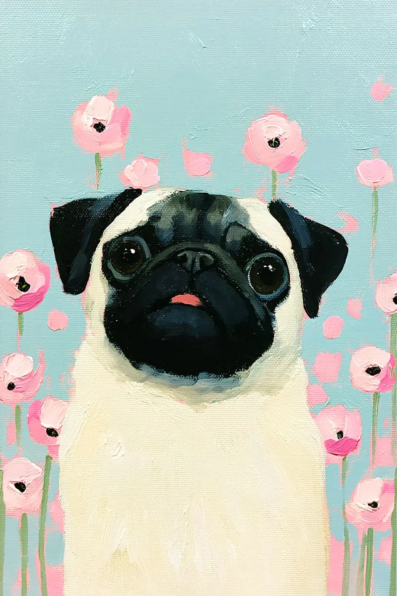 Ein Mops mit schwarzer Maske vor einem hellblauen Hintergrund mit rosa Blumen, im Stil eines Ölgemäldes.
