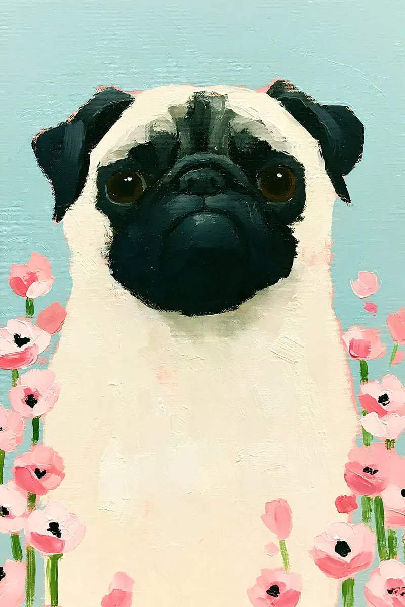 Ein Mops mit schwarzer Maske blickt frontal in die Kamera, umgeben von rosa Blumen im Ölmalerei-Stil auf hellblauem Grund.