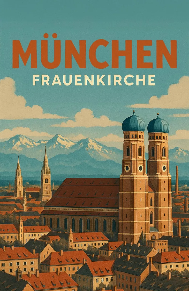 München Frauenkirche im Vintage Travel Poster Stil mit Alpen im Hintergrund und Stadtdächern im Vordergrund.