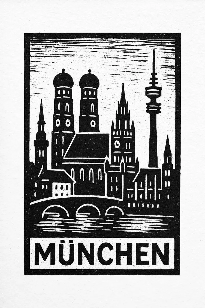 Schwarz-weißes Poster der Münchener Skyline im Linolschnitt-Stil mit Frauenkirche, Marienplatz, Olympiaturm und Isar.