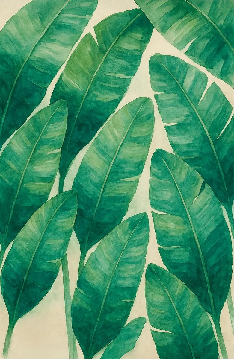 Aquarell-Poster mit dichtem Muster aus grünen Bananenblättern auf hellem Hintergrund, im Stil eines Urban Jungle.