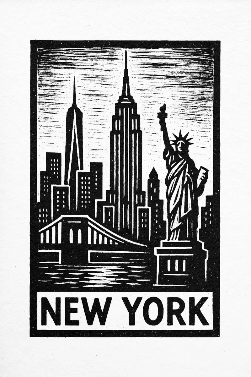 Schwarz-weißes New York City Poster im Linolschnitt-Stil mit Freiheitsstatue, Empire State Building und Brooklyn Bridge.