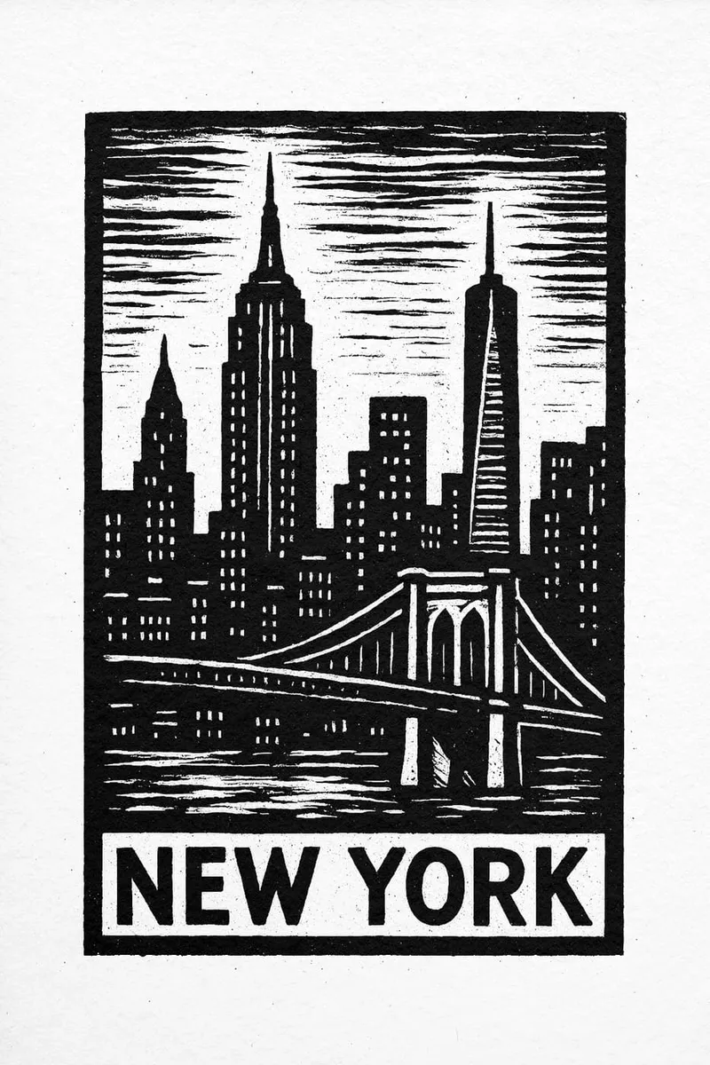 Schwarz-weißes Poster der New York Skyline mit Brooklyn Bridge und Empire State Building im Linolschnitt-Stil.