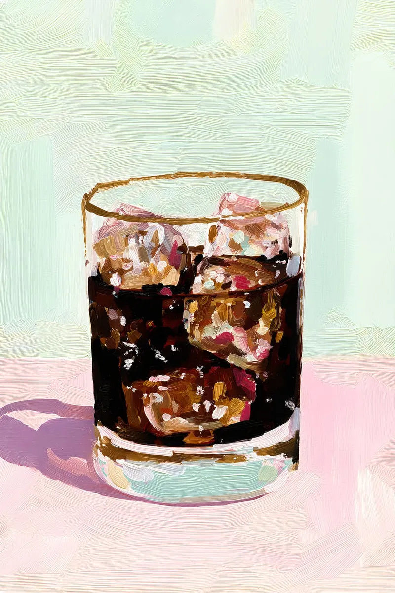 Stillleben-Poster eines Glases mit dunklem Drink und Eiswürfeln, gemalt im Stil von Spachteltechnik mit Rosa und Mintgrün.