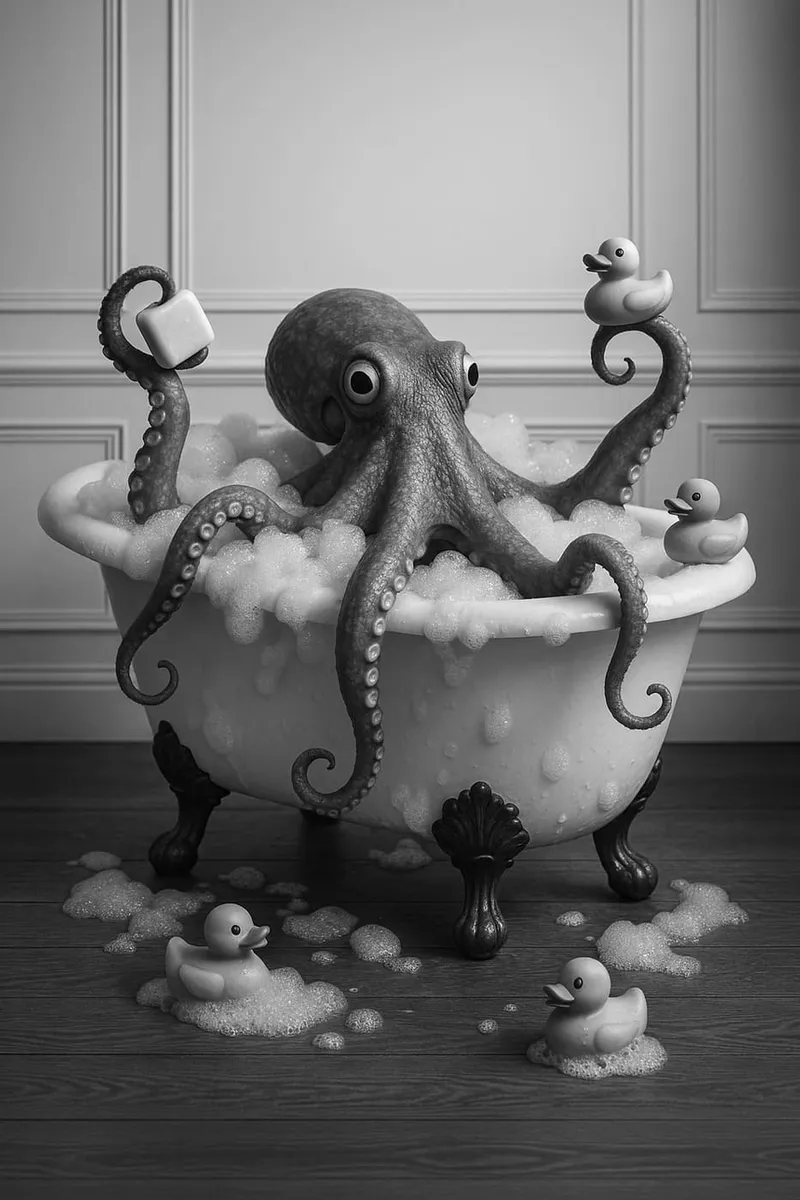 Schwarz-weißes Bild eines Oktopus in einer Badewanne voller Schaum, umgeben von Quietscheenten. Eine Tentakel hält Seife.