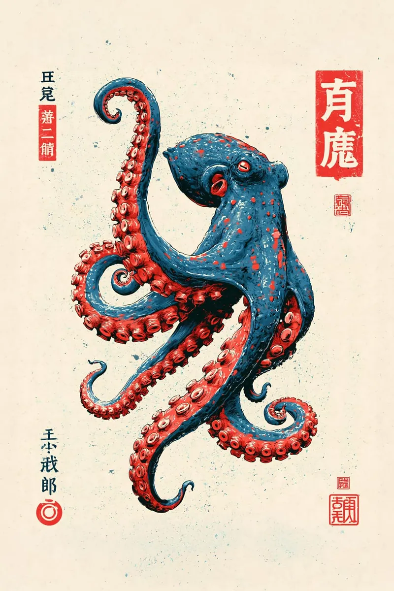 Blauer Oktopus im japanischen Stil