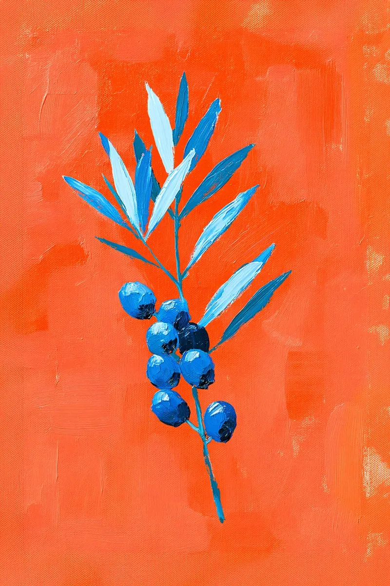 Ein stilisierter Olivenzweig mit blauen Oliven und Blättern auf einem leuchtend orangefarbenen Hintergrund im Ölmalerei-Stil.