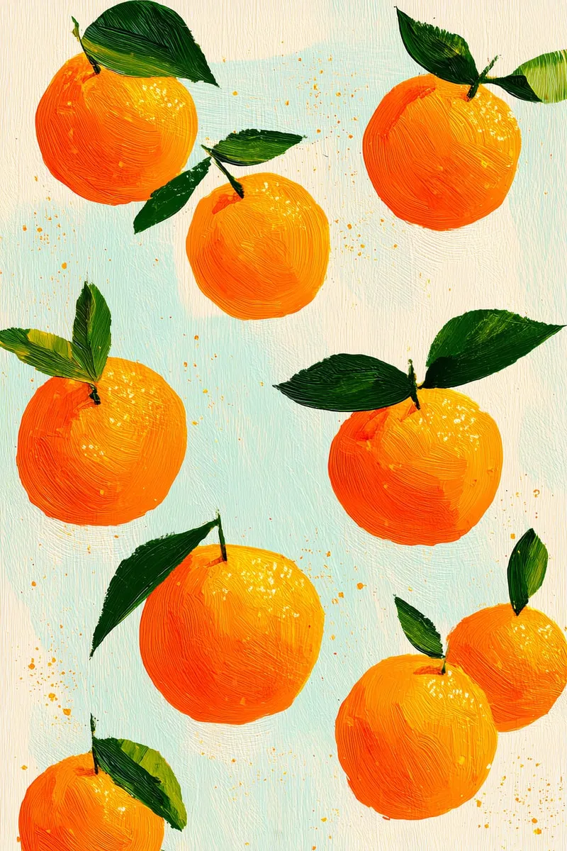 Mehrere leuchtend orangefarbene Orangen mit grünen Blättern im Stil einer Acrylmalerei auf hellem Hintergrund.