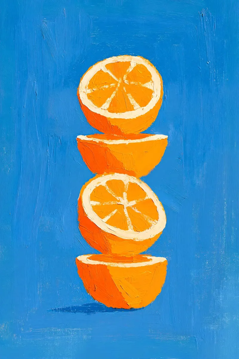 Drei gestapelte Orangenhälften auf blauem Hintergrund, im Ölmalerei-Stil mit sichtbaren Pinselstrichen.