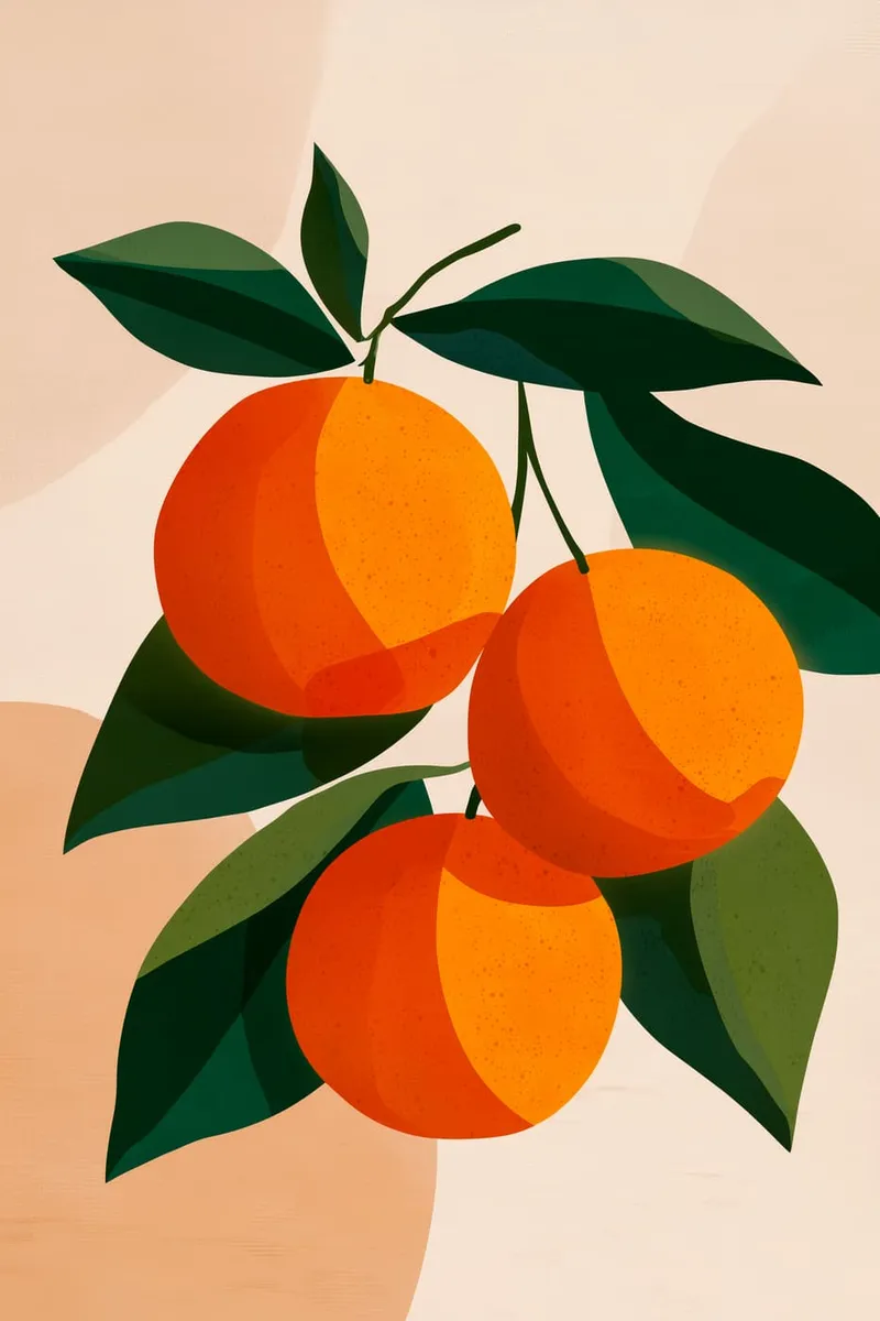 Drei stilisierte, orangefarbene Orangen an einem Zweig mit dunkelgrünen Blättern auf hellem, strukturiertem Hintergrund.