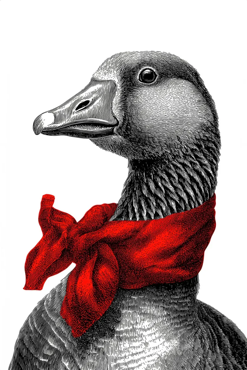 Illustration einer Gans im Kupferstich-Stil mit einem leuchtend roten Halstuch um den Hals.