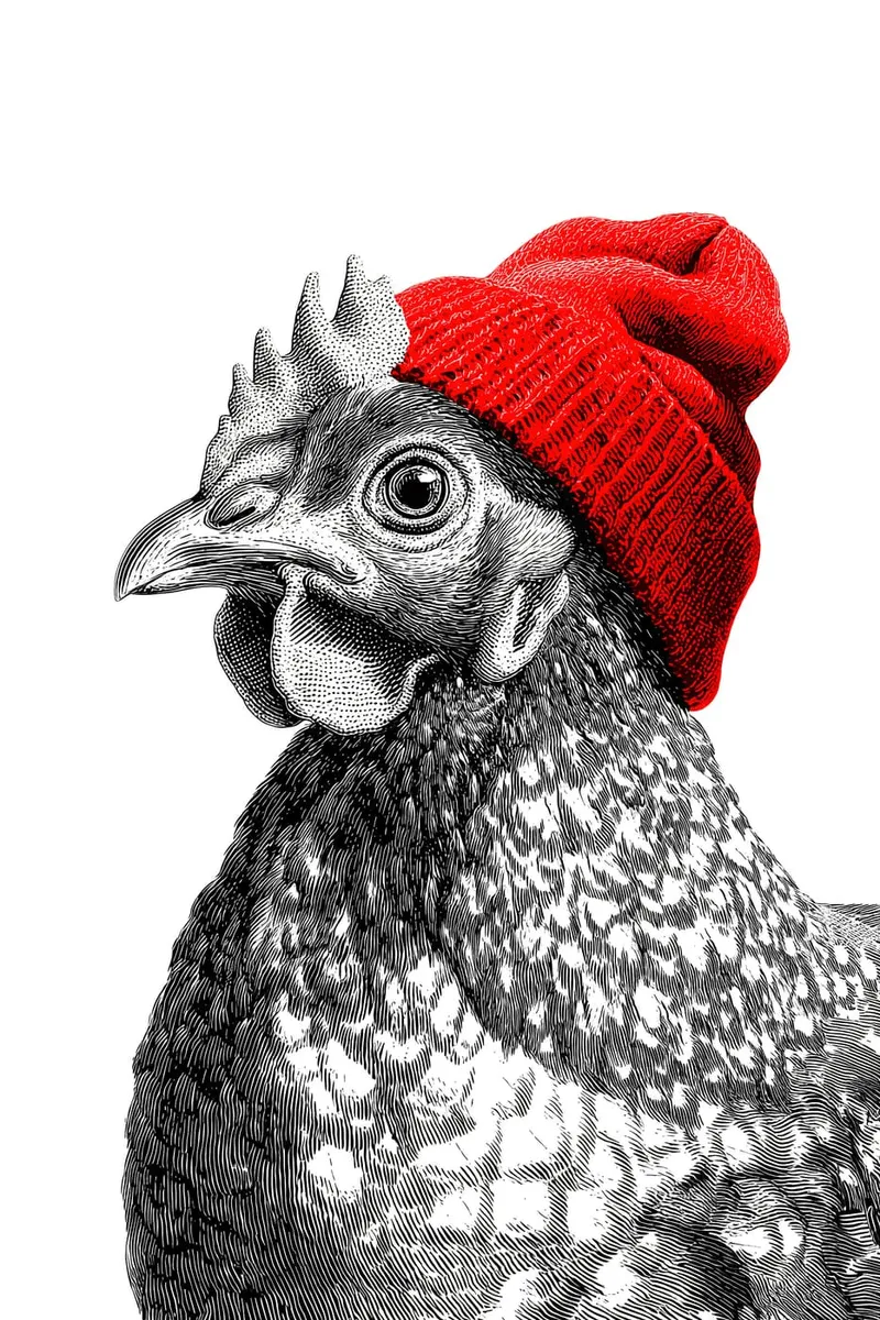 Schwarz-weißes Huhn im Kupferstich-Stil mit einer leuchtend roten Strickmütze auf weißem Hintergrund.