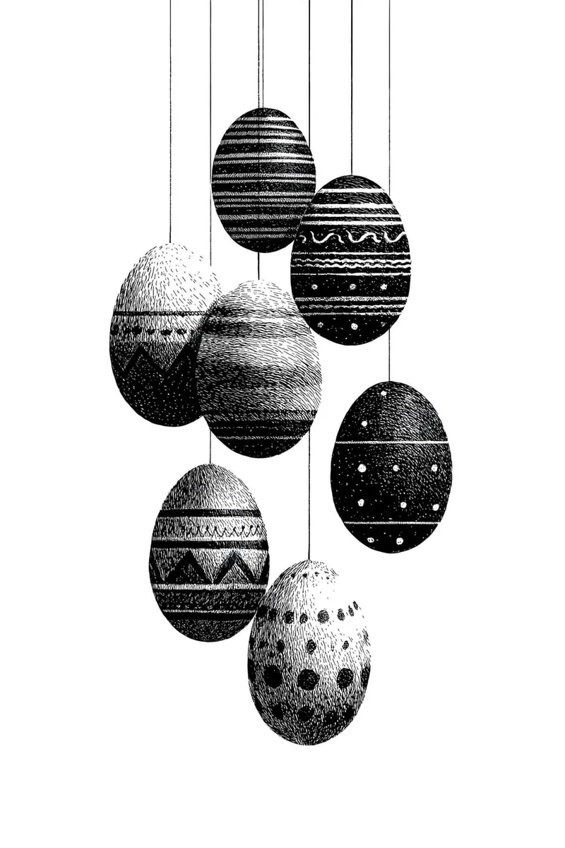 Schwarz-weißes Poster mit sieben hängenden Ostereiern, verziert mit Streifen, Punkten und geometrischen Mustern im Kupferstich-Stil.