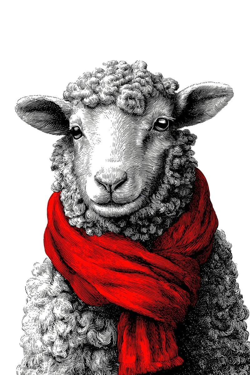 Schwarz-weißes Schaf-Portrait mit wolligem Fell und einem leuchtend roten Schal, im Stil eines detailreichen Kupferstichs.