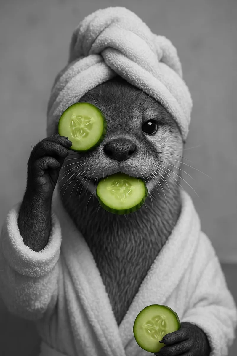 Schwarz-weißes Bild eines Otters im Bademantel mit einem Handtuchturban, Gurkenscheiben auf den Augen und im Maul, mit Farbakzent Grün.