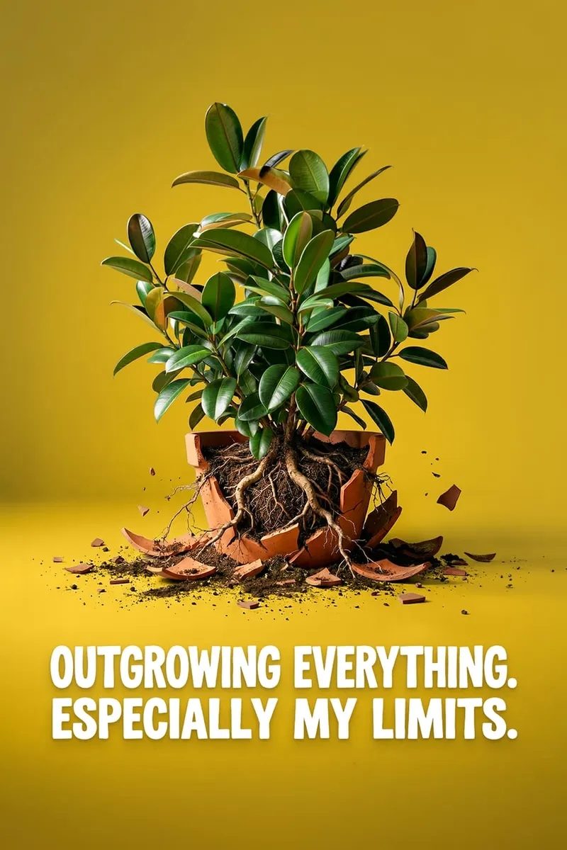 Eine grüne Pflanze sprengt einen zerbrochenen Terrakotta-Topf auf gelbem Hintergrund mit dem englischen Spruch "Outgrowing Everything. Especially My Limits."