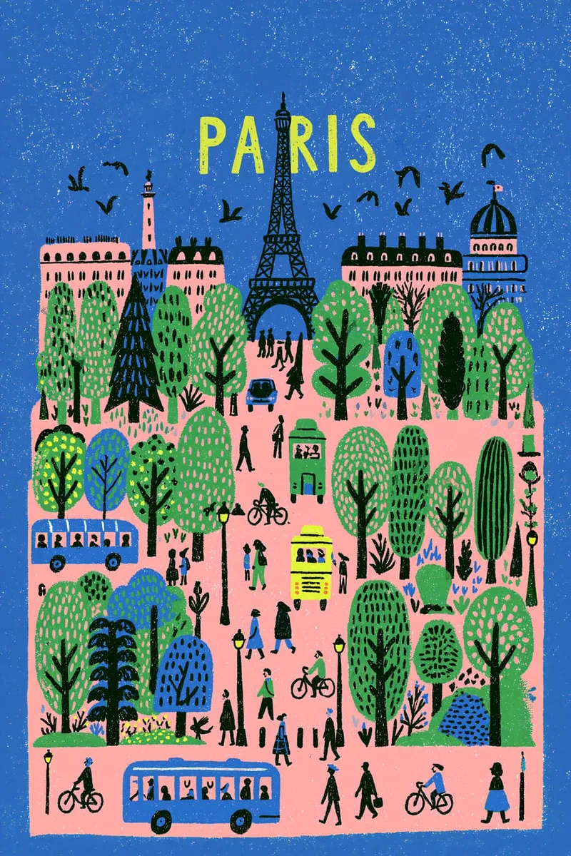 Illustrierte Stadtansicht von Paris mit Eiffelturm, Bäumen, Menschen und Bussen im farbenfrohen Siebdruck-Stil.