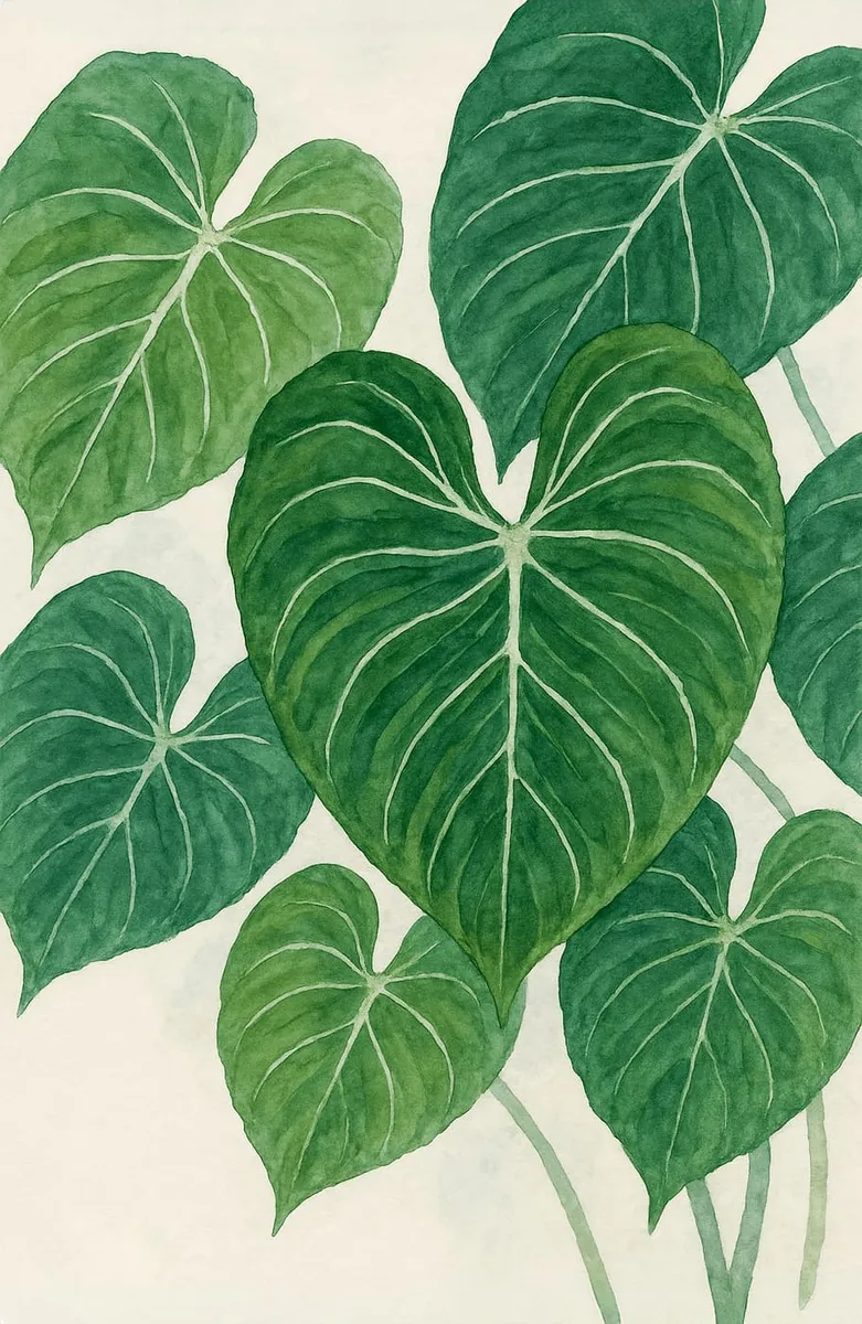 Nahaufnahme von Philodendron-Blättern in verschiedenen Grüntönen mit weißen Blattadern, gemalt im Aquarell-Stil.