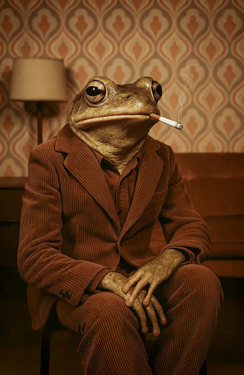 Frosch in braunem Cordanzug mit Zigarette, sitzend vor einer retro gemusterten Tapete und einer Lampe.
