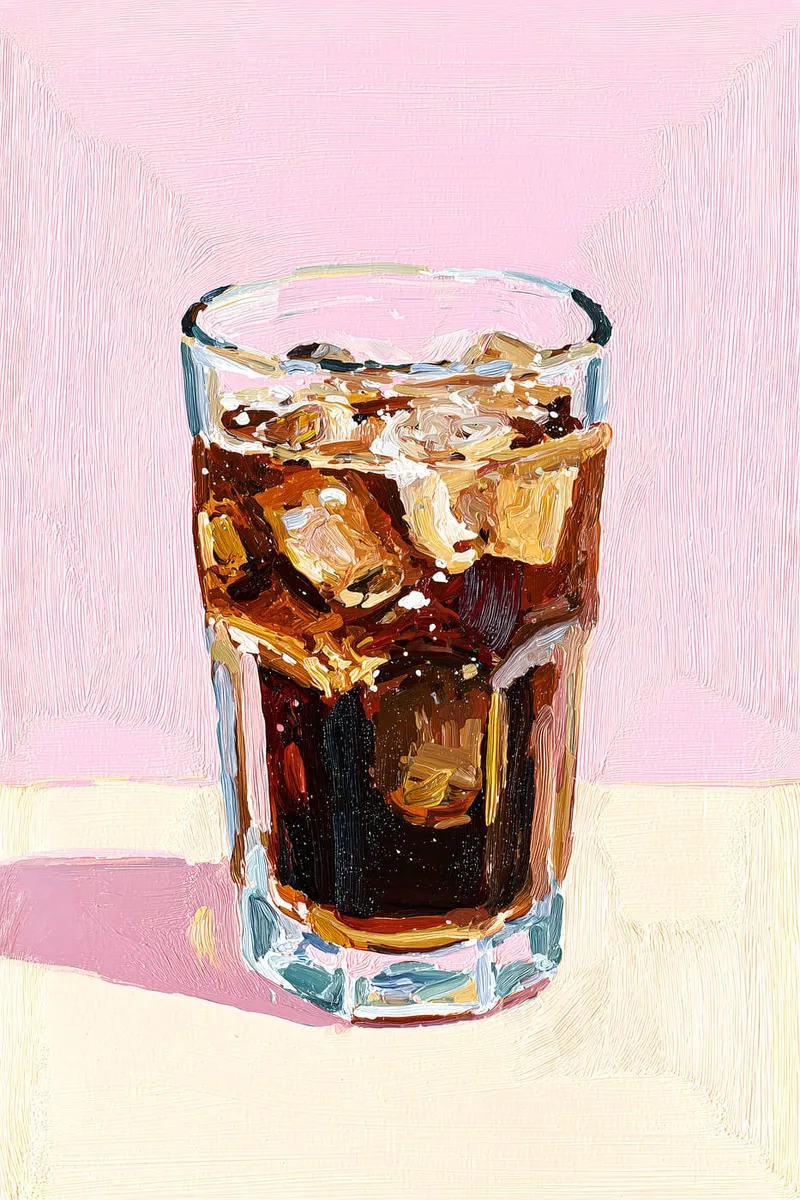 Ein Glas Iced Cola mit Eiswürfeln im Spachtel-Stil vor einem rosa Hintergrund und einer hellgelben Oberfläche.
