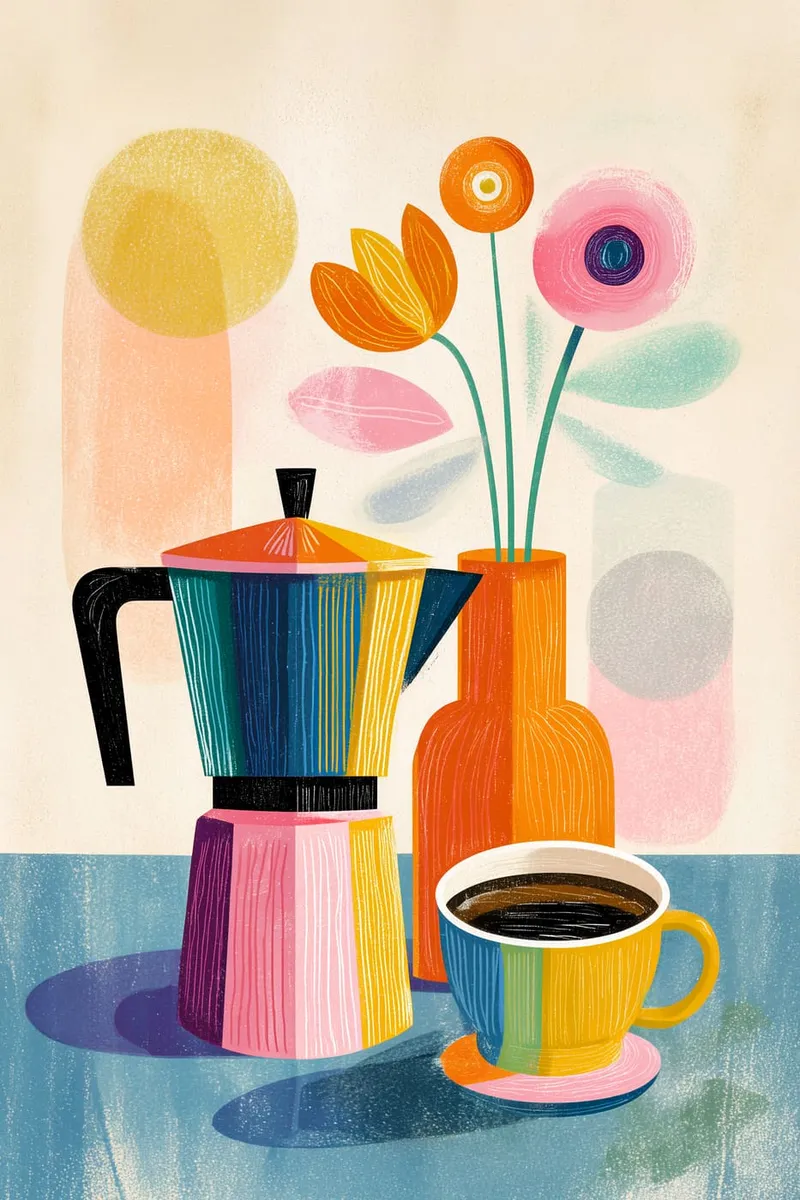 Stillleben mit bunter Moka Kanne, Kaffeetasse und Vase mit Blumen im Retro-Stil auf blauem Tisch.