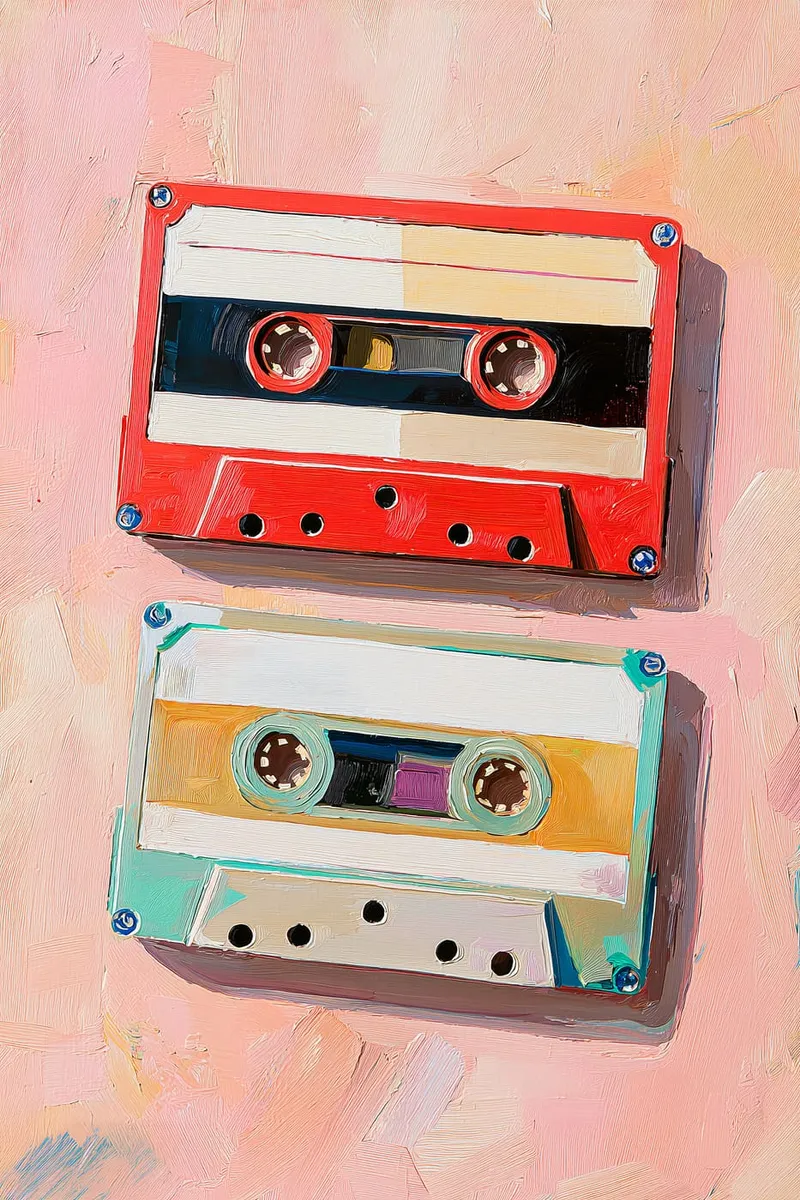 Zwei bunte Retro Musikkassetten im Ölgemälde-Stil auf einem strukturierten, rosa Hintergrund.