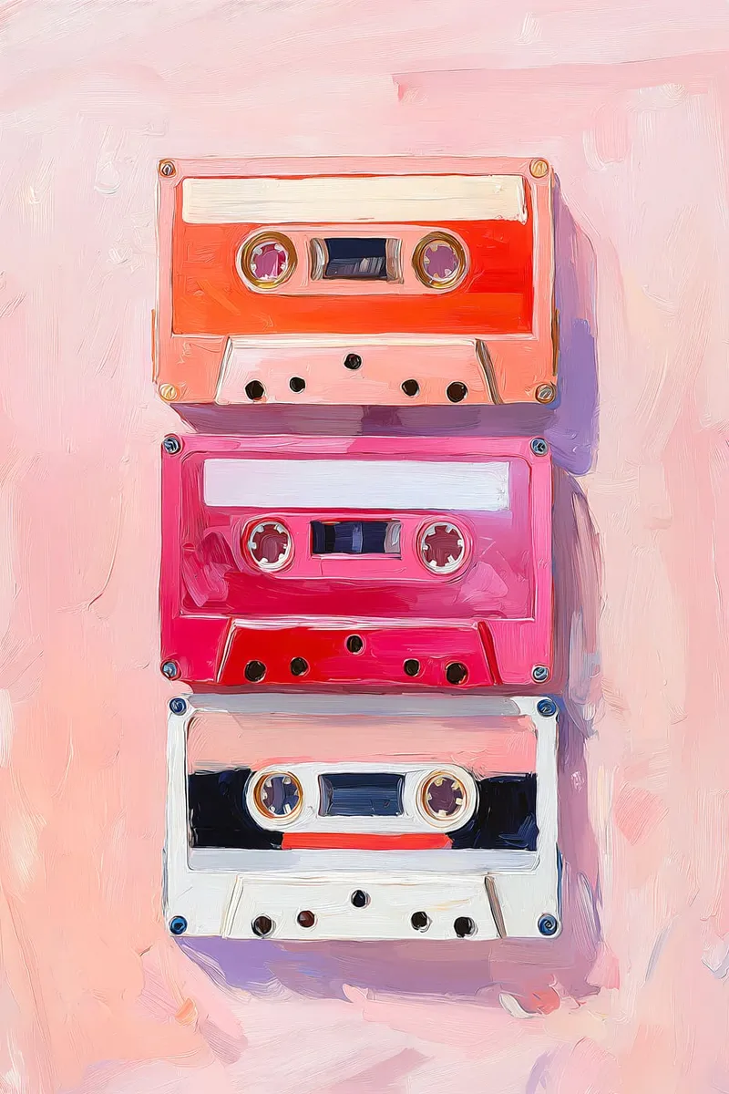 Drei bunte Retro Musikkassetten in Rot, Pink und Weiß, übereinander gestapelt, im Stil einer Ölgemälde-Spachteltechnik.