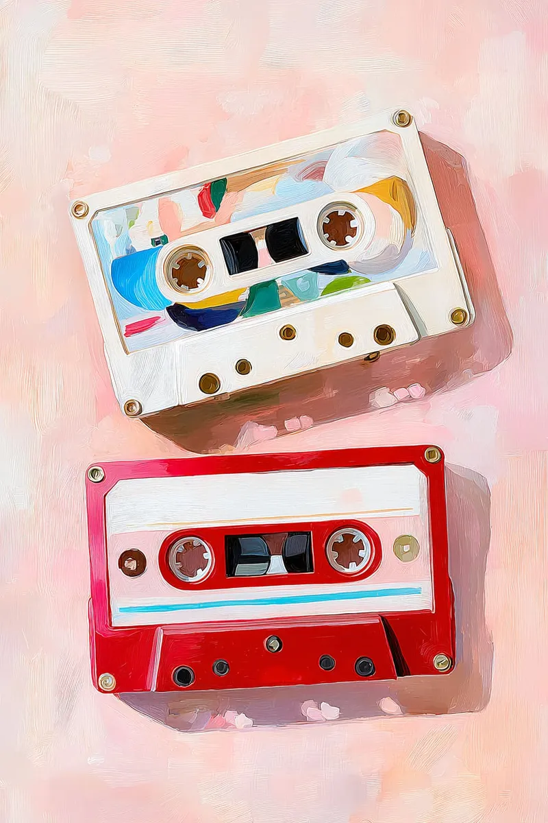 Zwei bunte Retro Musikkassetten im Stil eines Ölgemäldes auf einem hellrosa Hintergrund.