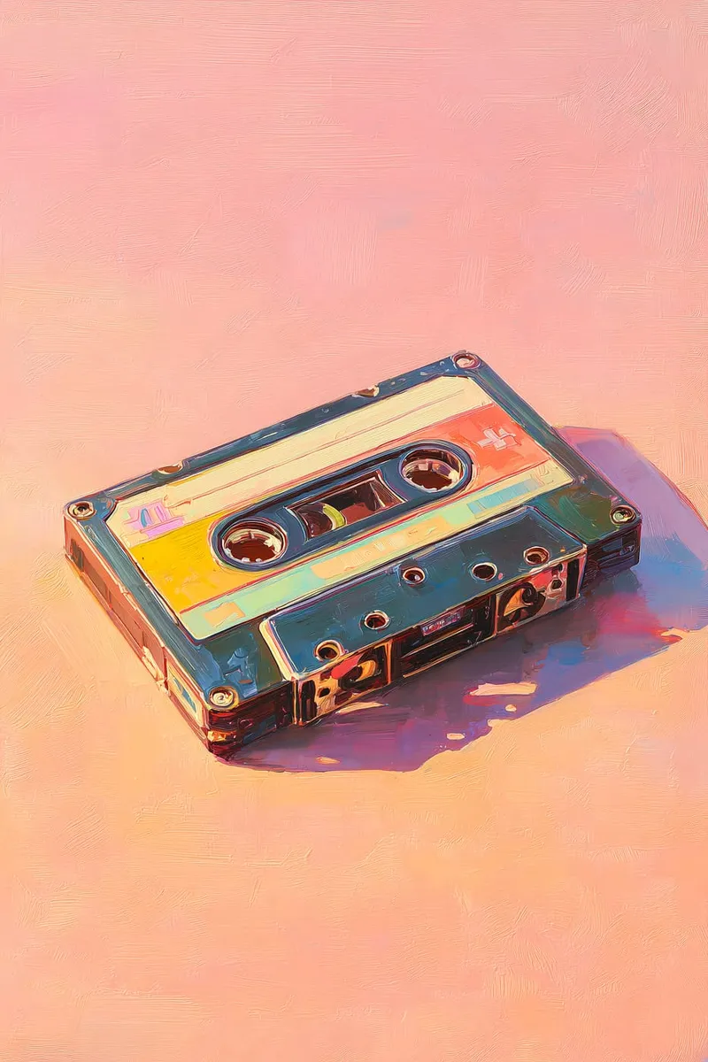 Nahaufnahme einer bunten Retro-Musikkassette im Ölgemälde-Stil auf einem pastellrosa Hintergrund mit sichtbaren Pinselstrichen.