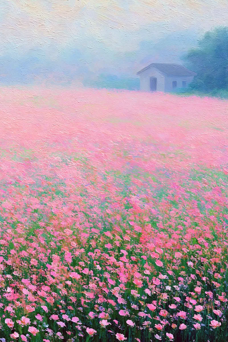 Ein weites Feld voller rosa Blumen vor einem kleinen Haus im Nebel, im Stil eines Ölgemäldes mit sichtbarem Pinselstrich.