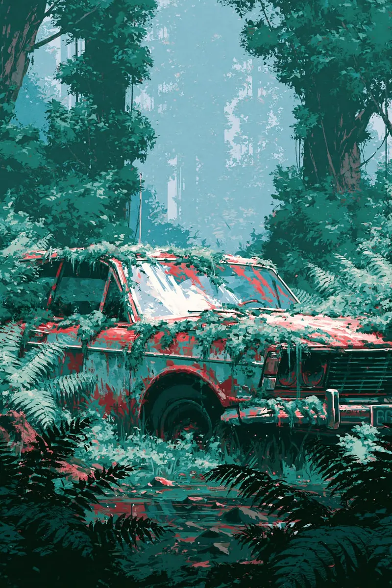 Ein verrostetes rotes Auto, überwuchert von grünen Pflanzen und Farnen, steht in einem dichten Wald im illustrativen Stil.