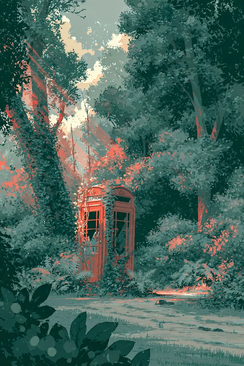 Eine einsame rote britische Telefonzelle steht überwuchert in einem dichten Wald, Sonnenstrahlen fallen durch die Bäume.