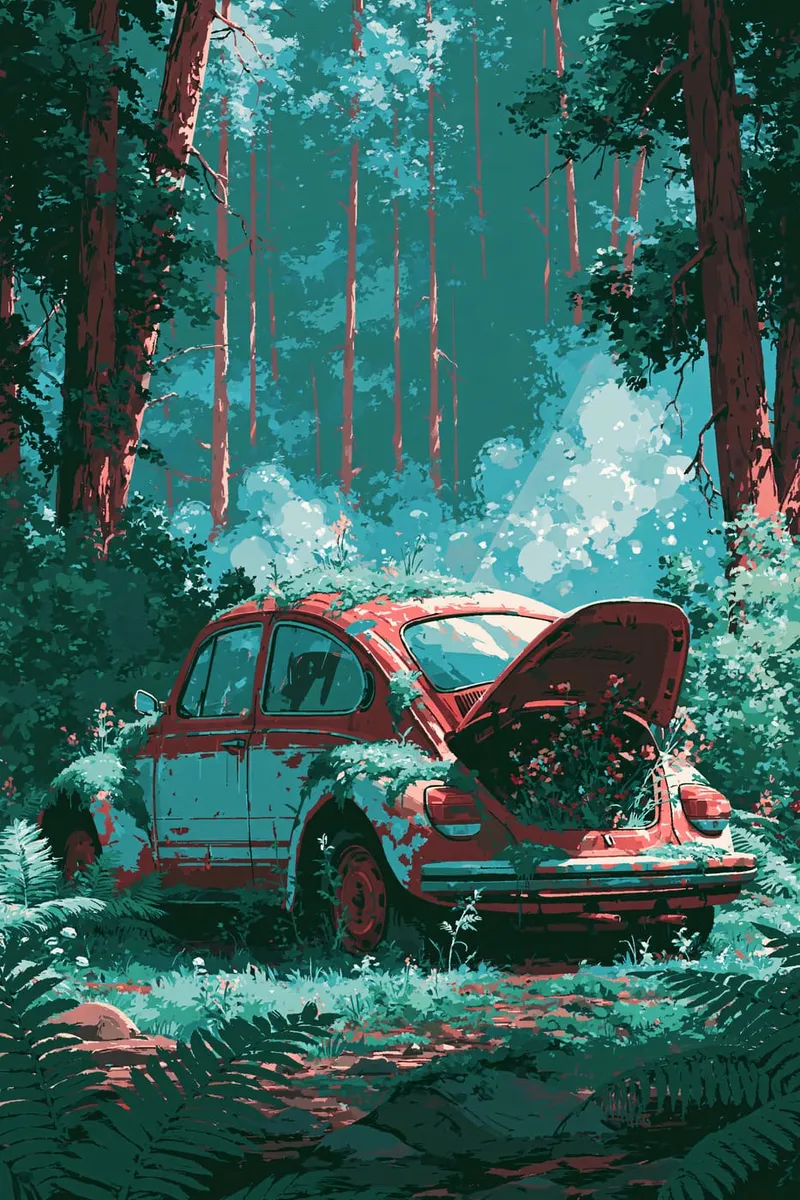 Roter Wagen im Wald
