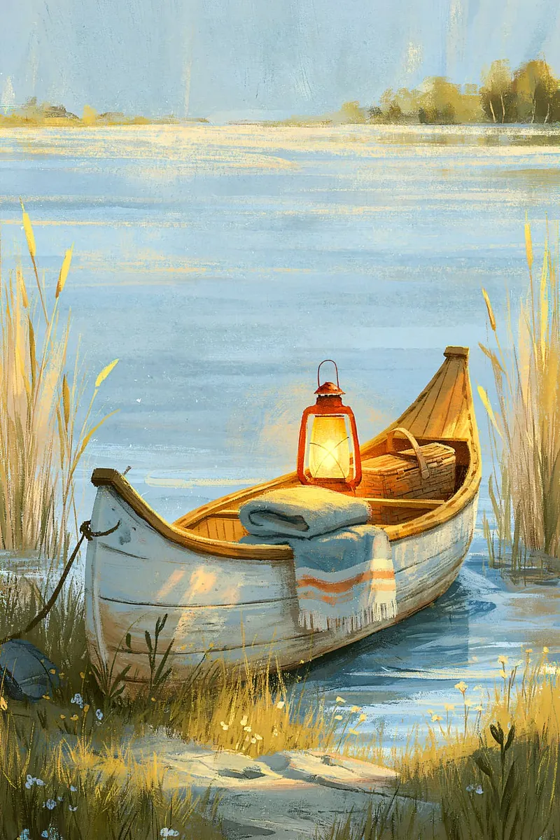 Ein weißes Ruderboot liegt am Ufer eines Sees, umgeben von Schilf, mit einer leuchtenden Laterne und Picknickkorb im Boot, im gemalten Stil.