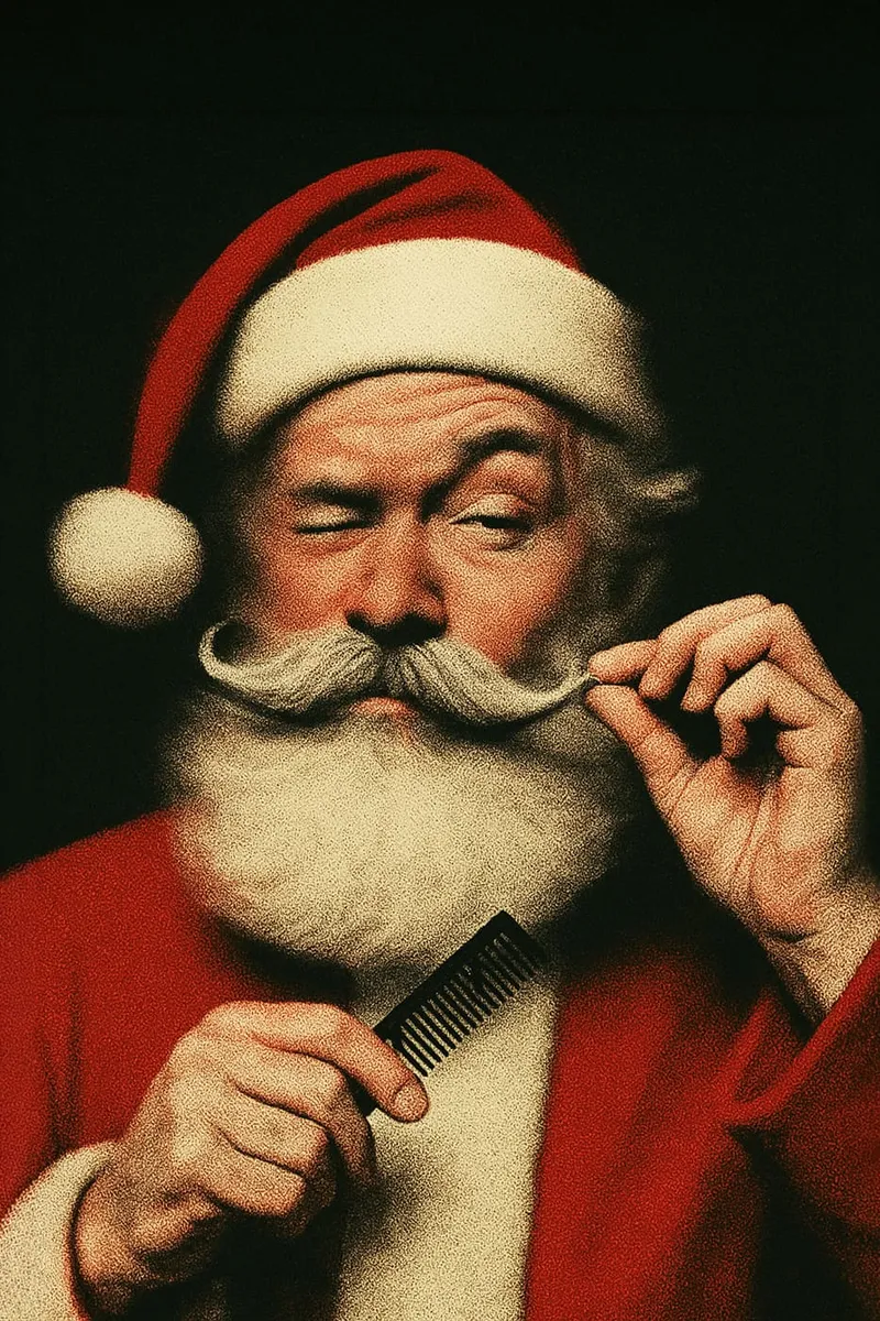 Zwinkernder Weihnachtsmann mit roter Mütze und Bart, der seinen Schnurrbart zwirbelt und einen Kamm hält, im Vintage-Stil.