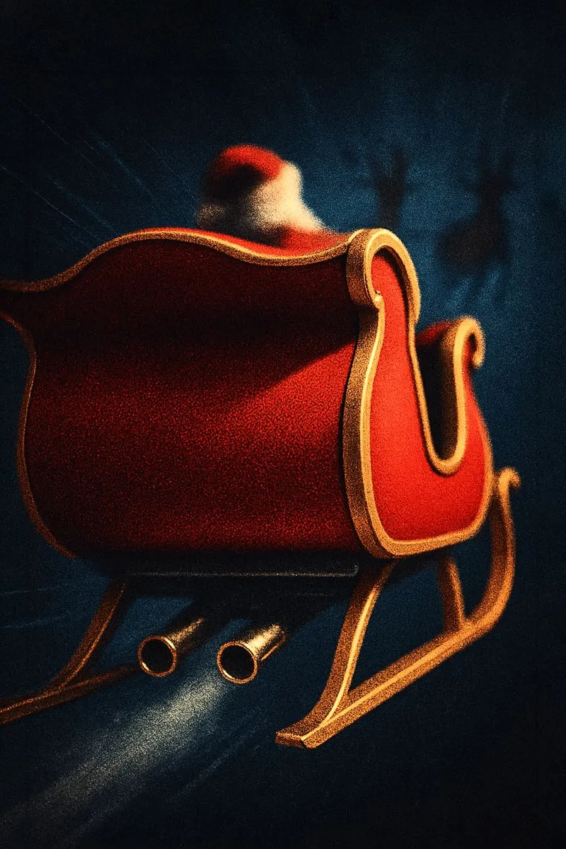 Roter Weihnachtsschlitten im Hot Rod Stil mit Auspuffrohren und Rentierschatten am dunklen Himmel. Weihnachtsmann sitzt im Schlitten.