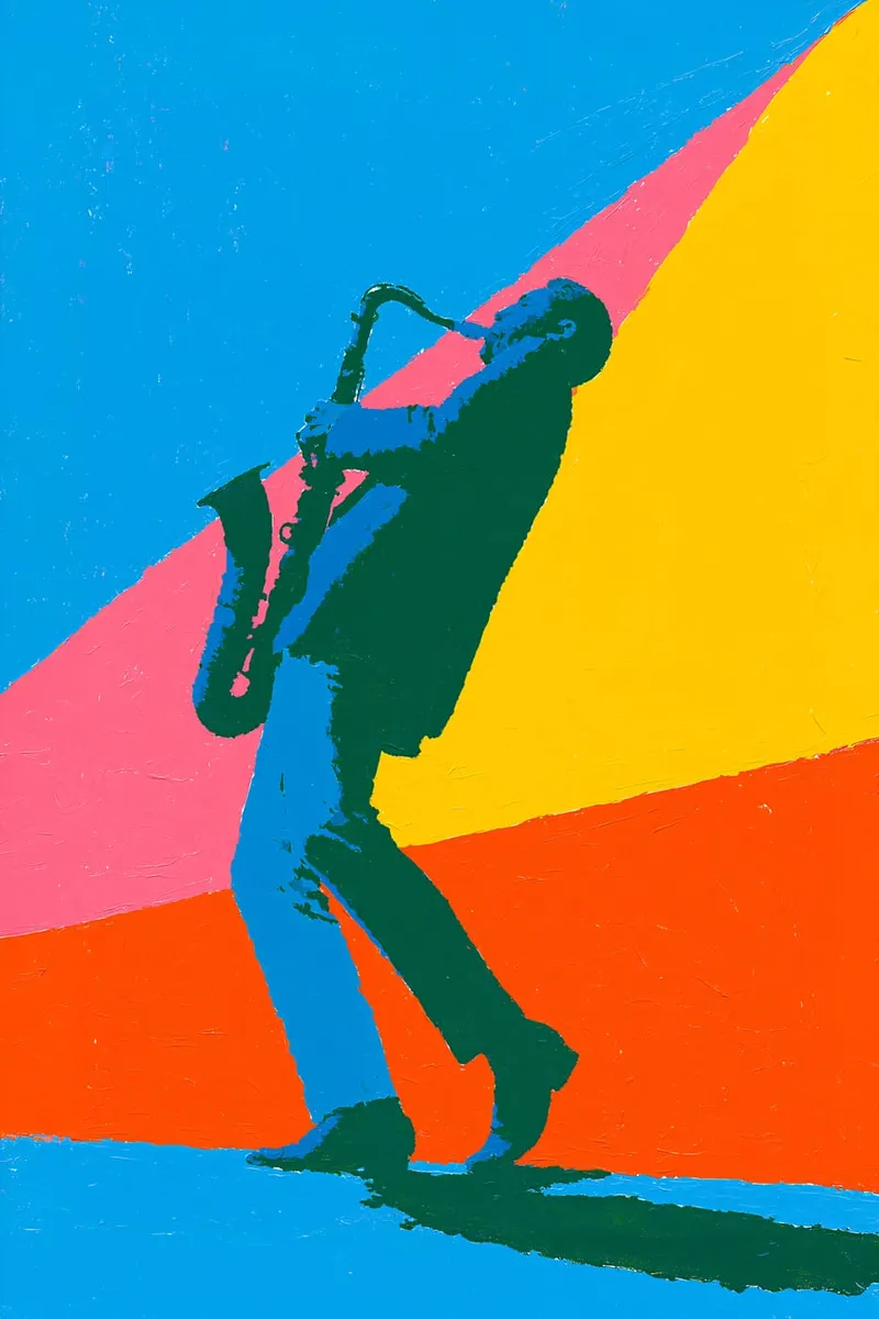 Abstraktes Bild eines Saxophonspielers in bunten Farben mit sichtbarer Textur im Pop-Art-Look.
