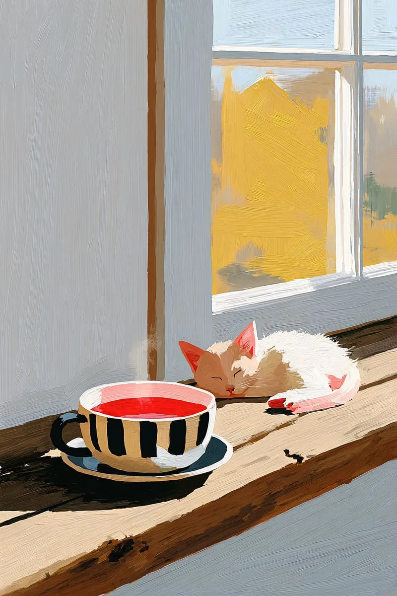 Eine schlafende Katze liegt auf einer Holzfensterbank neben einer gestreiften Tasse mit rotem Getränk, im Ölmalerei-Stil.