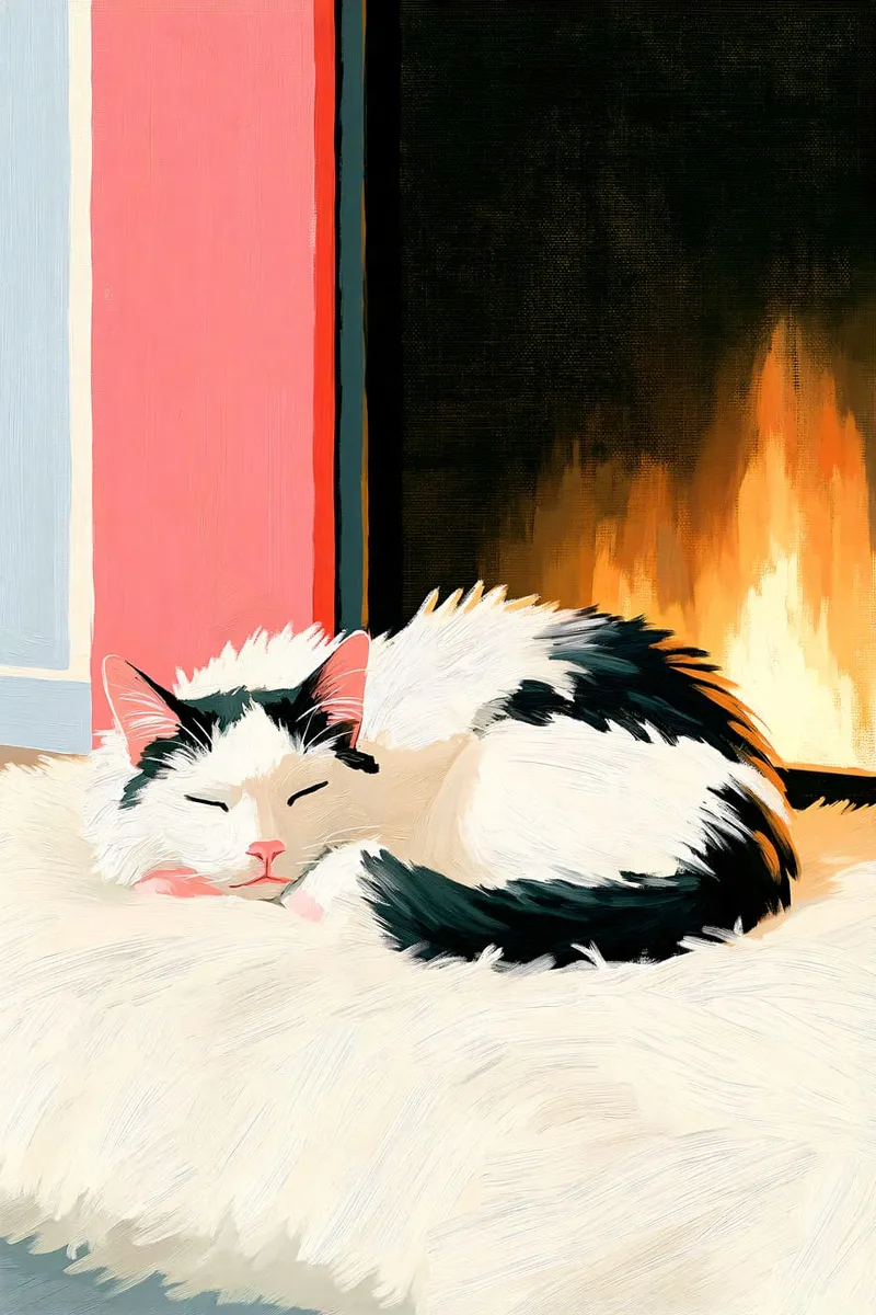 Eine schwarz-weiße Katze schläft zusammengerollt auf einem flauschigen Teppich vor einem brennenden Kamin, Ölmalerei-Stil.