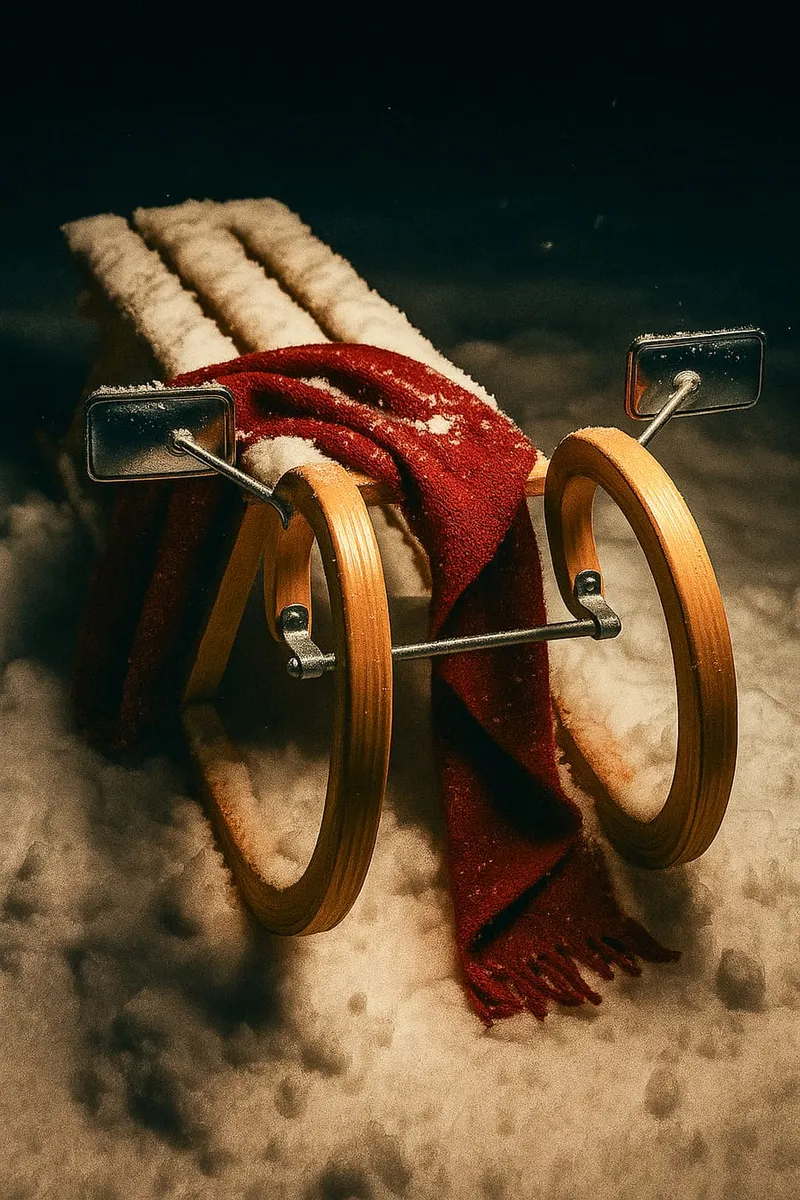 Ein alter Holzschlitten mit rotem Schal und kleinen Spiegeln, bedeckt mit frischem Schnee in einer dunklen Winternacht.